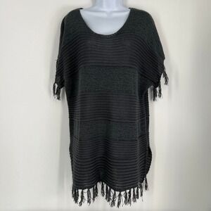 Miilla Women M Green Gray Linen Cotton Knit Fringe Tunic Top Boho Vacation